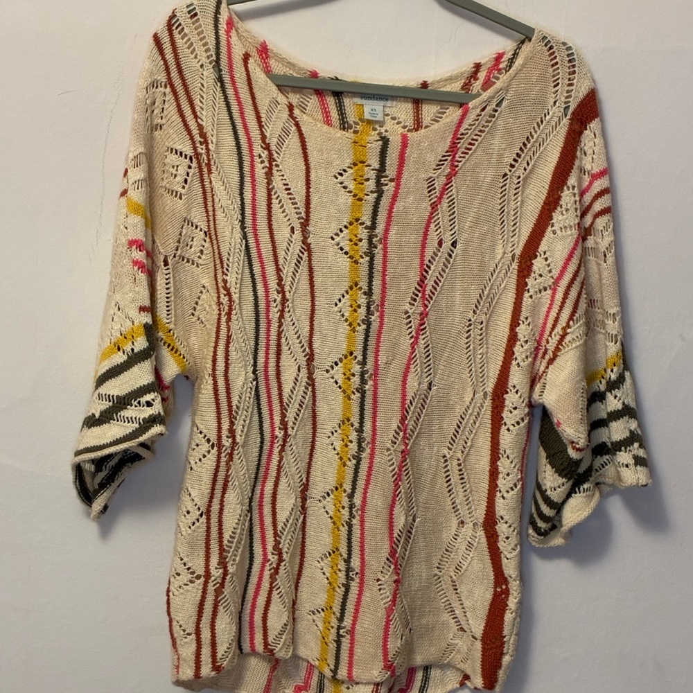 Sundance Cream Open-Knit Cotton Pullover with Yellow, Pink & Rust Stripes XS